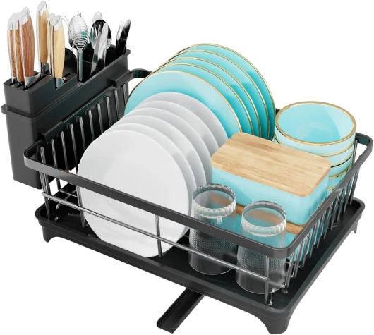Égouttoir à Vaisselle - à 1 Niveaux, Égouttoir Vaisselle sur evier en Acier Inoxydable avec Porte-ustensiles, Egoutoire Vaisselle Cuisine Support pour ustensiles et Planche à découper Noir 1-Tier