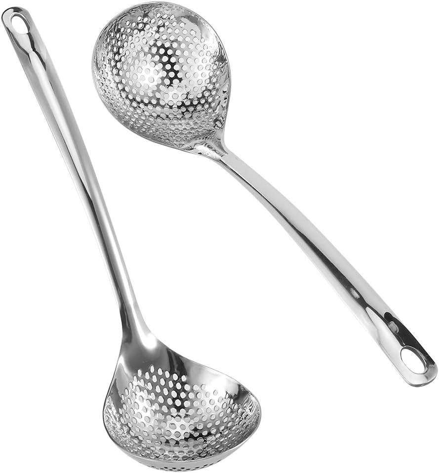 Passoire de cuisine louche, 2 pièces cuillère à tamis, cuillère à fentes en acier inoxydable, cuisine à écumoire, Louche à marmite avec long manche, compatible lave-vaisselle, louche à trou