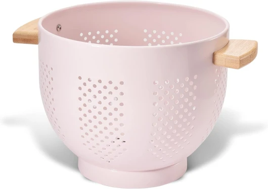 Beifeier Passoire Cuisine Avec Manche en Bois et Base Stable, 29 x 22 x 18 cm, Poudre Sûr Alimentaire Enduite, Grande Passoire Métal pour Pâtes, Légumes et Fruits​​ (rose)
