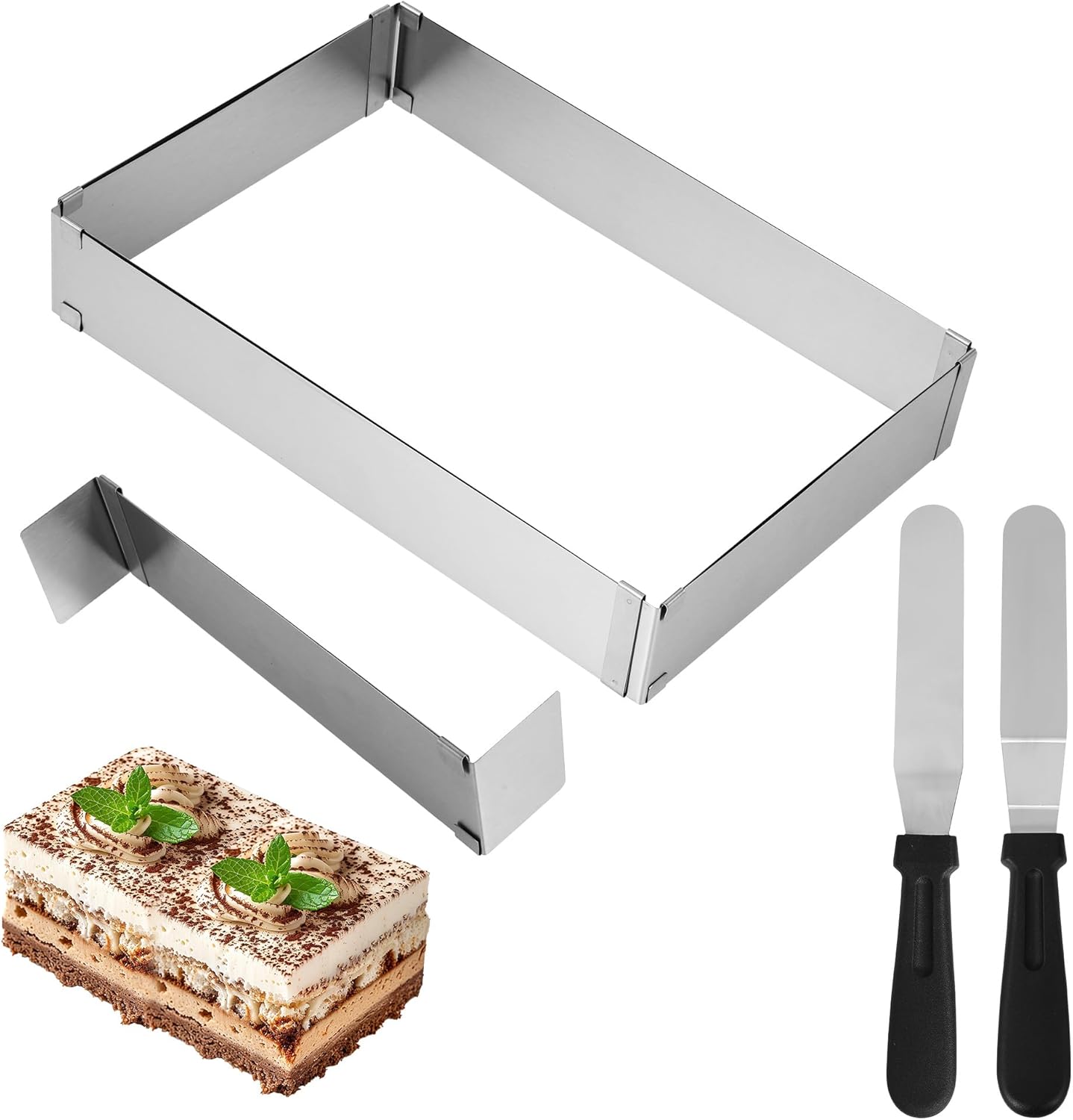 Cadre Patisserie Rectangulaire, Extensible Moule Rectangulaire Patisserie,Moule à Gâteau Avec 2 spatules,Pour la fabrication de gâteaux à biscuits, gâteaux à mousse