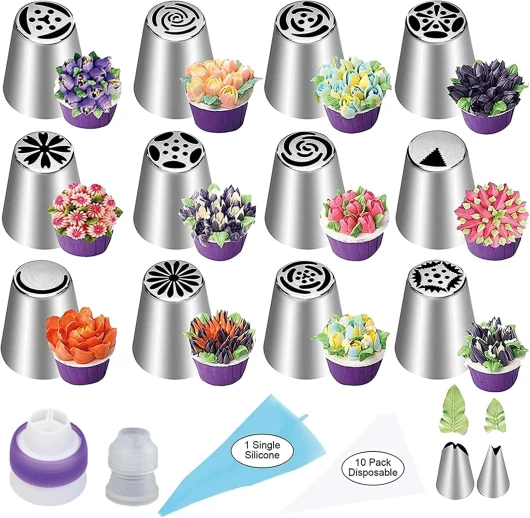 Lot de 27 Douilles à Pâtisserie Russes, Kit Décoration de Gâteaux Sacs de Tuyauterie Buses, Compris 12 Embouts de Glaçage à Fleur 2 Embouts Feuilles 2 Convertisseur 11 Poches à Douille pour Pâtisserie
