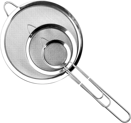 Relota 3 Pièces Passoire Inox 19/25/35 cm, Tamis Cuisine avec Poignée, Métal Tamis Maille Fine, Filtre pour Égoutter Poudre, Pâtisserie, Nouille, Riz, Pates, Légumes, Quinoa, Blanc d'Oeuf (Argent)
