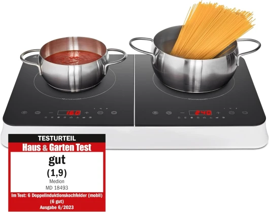 Plaque induction à 2 foyers 3500 Watt, plaque 2 feux avec 10 niveaux de température, plaque de cuisson double avec écran LED, MD18493, noir Double - Commande tactile en haut