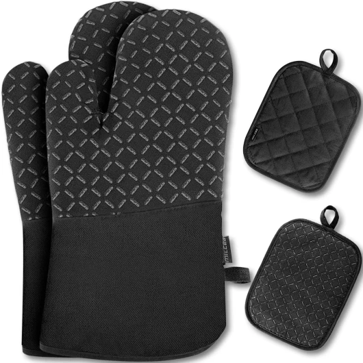 Lot de 4 Gant Four Maniques Cuisine - MILcea Gant Four Anti Chaleur Jusqu'à 300 °C, Gants en Silicone Antidérapantes, en Coton Doux, 32cm Longs et Flexibles en Gant de Cuisine, Noir