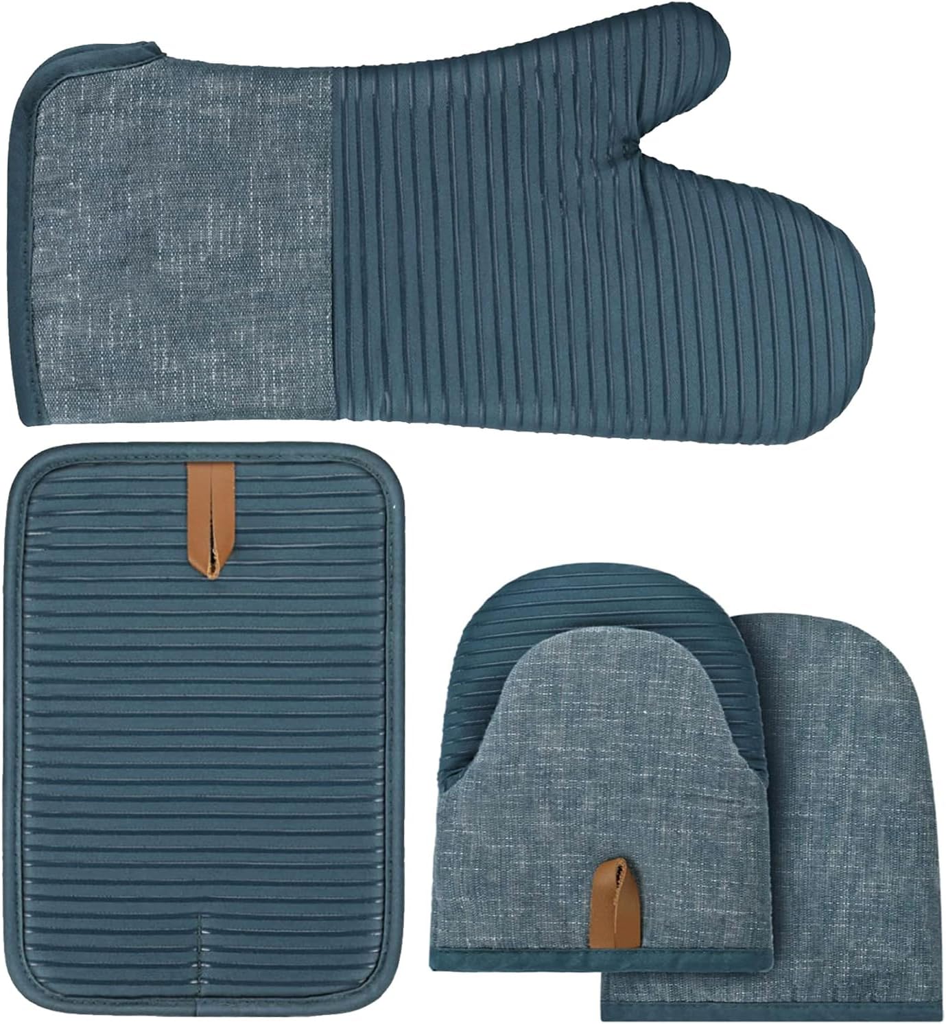 Lot de 4 Gants de Four, Gants de Cuisine Résistants à la Chaleur et Set de Maniques, Gants et Maniques Antidérapant en Silicone pour la Cuisine la Cuisson au Four Les Grillades (Bleu)