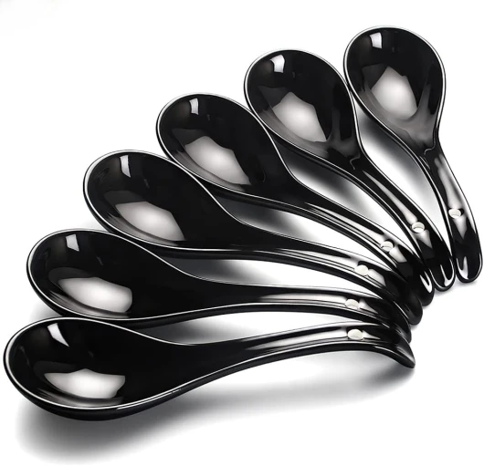 Cuillères à soupe asiatiques, set de 6, 6.75-inch cuillères à soupe chinoises en céramique, cuillère japonaise noire pour ramequin de céréales Ramen Pho Wonton Dumpling Miso B-noir