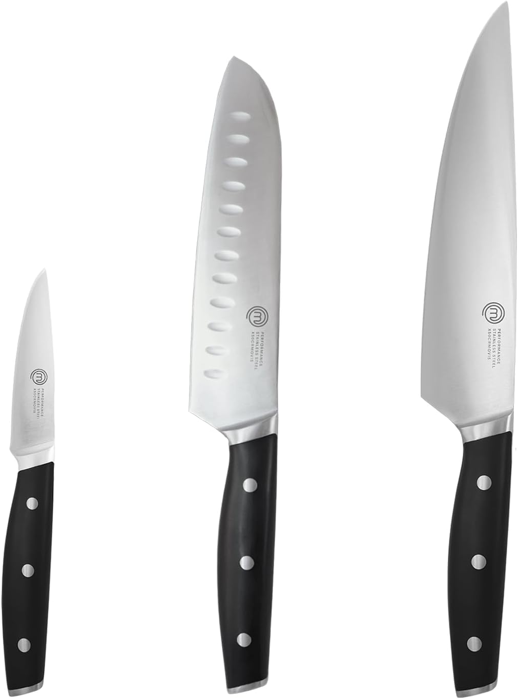 Couteaux de Cuisine Professionnelle, avec Cuchillo Chef, Santoku y Tomate en Inox Haute Teneur en Carbone, Poignées Triples Rivetées, Pleine Longueur avec Mitre, 3 Pièces (20cm, 18cm, 9cm)