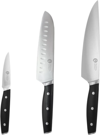 Couteaux de Cuisine Professionnelle, avec Cuchillo Chef, Santoku y Tomate en Inox Haute Teneur en Carbone, Poignées Triples Rivetées, Pleine Longueur avec Mitre, 3 Pièces (20cm, 18cm, 9cm)