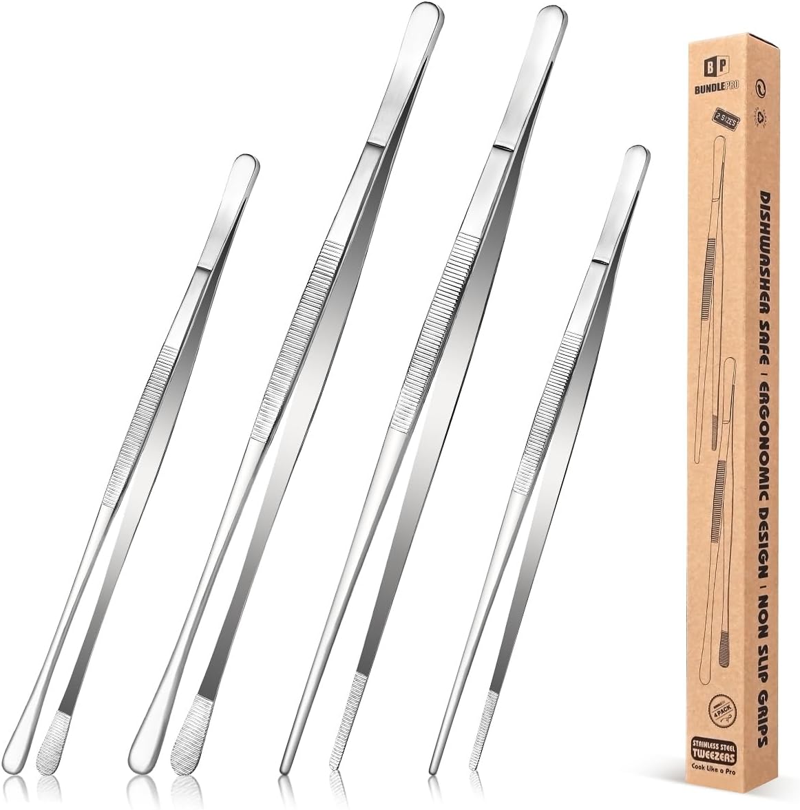 4 Pincettes de cuisine en acier inoxydable, 12'' et 10'', longue pincette de cuisine professionnelle en argent pour la cuisine, les réparations, les fruits de mer et le BBQ Argent 4 Pièces