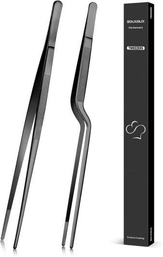 Pince de cuisson de 30 cm et pince à épiler, pointes dentelées de précision, outils de cuisine professionnels en acier inoxydable pour le barbecue, le service et la préparation de plats - Noir 30cm