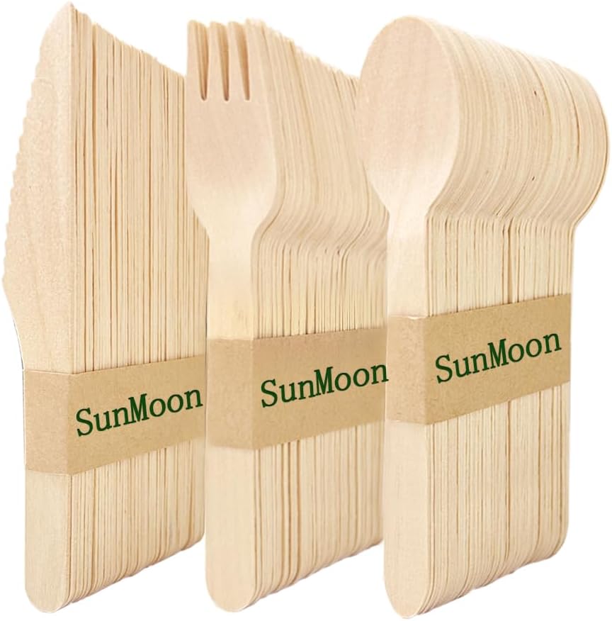 Lot de 150 couverts en bois jetables, écologiques 50 cuillères 50 fourchettes 50 couteaux, emballage sans plastique, remplacement du plastique et du bambou, jetable pour fête, voyage