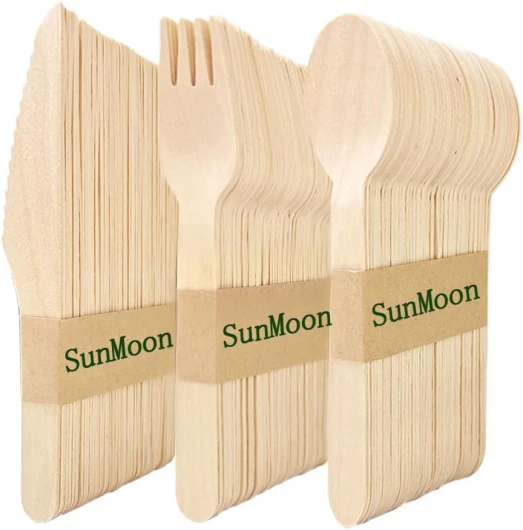 Lot de 150 couverts en bois jetables, écologiques 50 cuillères 50 fourchettes 50 couteaux, emballage sans plastique, remplacement du plastique et du bambou, jetable pour fête, voyage