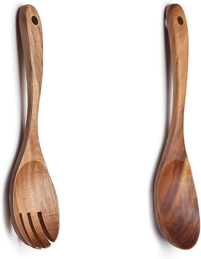 Fleymu Serveurs à Salade en Bois d'olivier - 2 pièces Couverts en Bois - Cuillère et Fourchette - 10,2 Pouces - Ustensiles de Cuisine pour Salade, Pâtes, Fruits