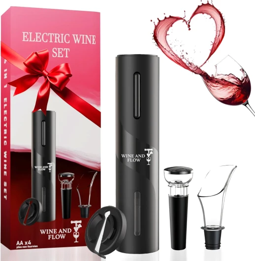 Tire Bouchon Electrique à piles 4 en 1 Wine and Flow – Idee cadeau amateur ou professionnel du vin – Ouvre Bouteille Electrique avec coupe capsule, aérateur et pompe à vide inclus