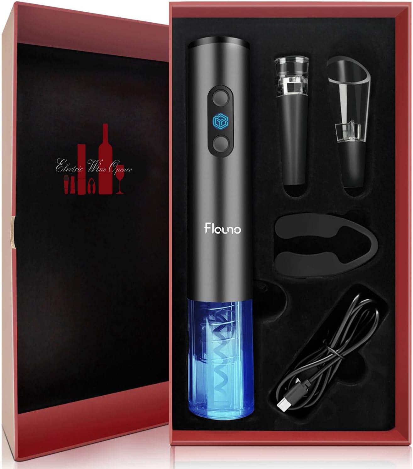 Tire Bouchon Électrique Rechargeable 6 en 1, Ouvre Bouteille Électrique Set avec Coupe-Capsule, Verseur Aérateur de Vin, Bouchon à Vin, Cable USB, Coffret Cadeau Gris