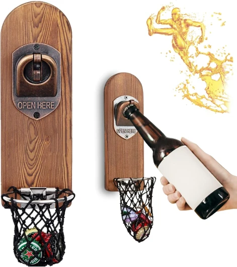 Magnétique Ouvre Bouteille Mural en Bois, Biere Vintage, Décapsuleur Original avec Cap Catcher, Accessoire Bar Exterieur, Cadeau Homme pour Papa, Amie et Collègue (Style 3)
