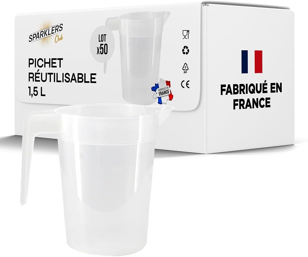 Lot de 50 Pichets Réutilisables 1,5L - Polypropylène Alimentaire (PP) - Pichet Transparent, Robuste, Empilable - Lave-Vaisselle 150 Lavages - Événement, Buvette, Festival