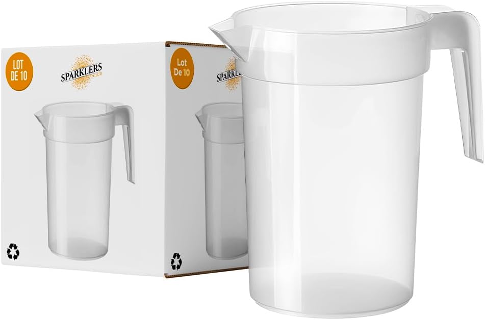 Lot de 10 Pichets 1 Litre (1,25L à ras bord) en Plastique Polypropylène (PP) Réutilisable - Pichet Réutilisable,Prise en Main facile, Pichet pour tout évènement