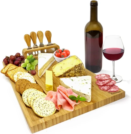 Joeji's Kitchen Planche à Fromages - Bambou élégant en Bois - avec Ensemble Couteau et Fourchette - Planche à Charcuterie pour Apéritif - Cadeau de Noël