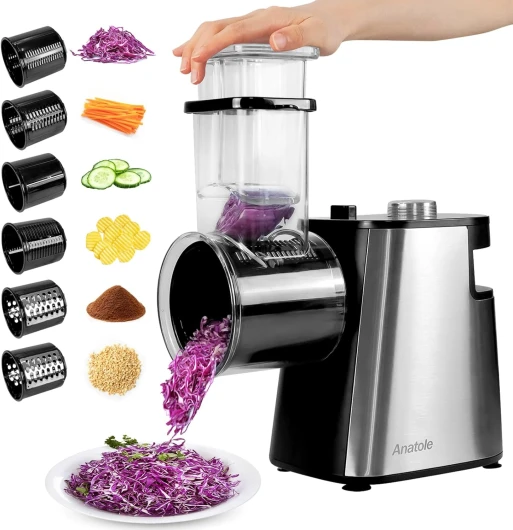 Coupe Légumes Électrique Rape à Fromage Acier Inox 6 Lames 250W Rapeuse Carottes Professionnel Grand Calibre Trancheuse de Légumes Multifonctions 220V Fiche UE