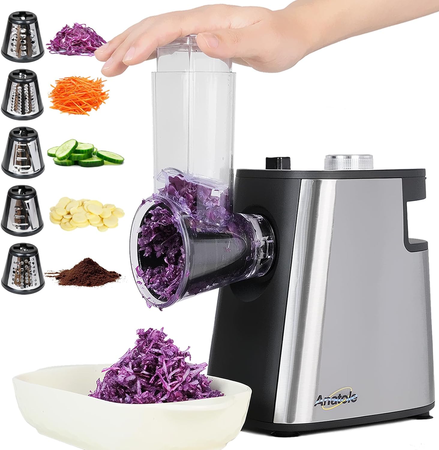 Coupe Légumes Électrique Rape à Fromage Acier Inox 250W Trancheuse de Légumes Professionnel Rapeuse Carotte Multifonctions Spiraliseur de Cuisine avec 5 Lames 220V Fiche UE