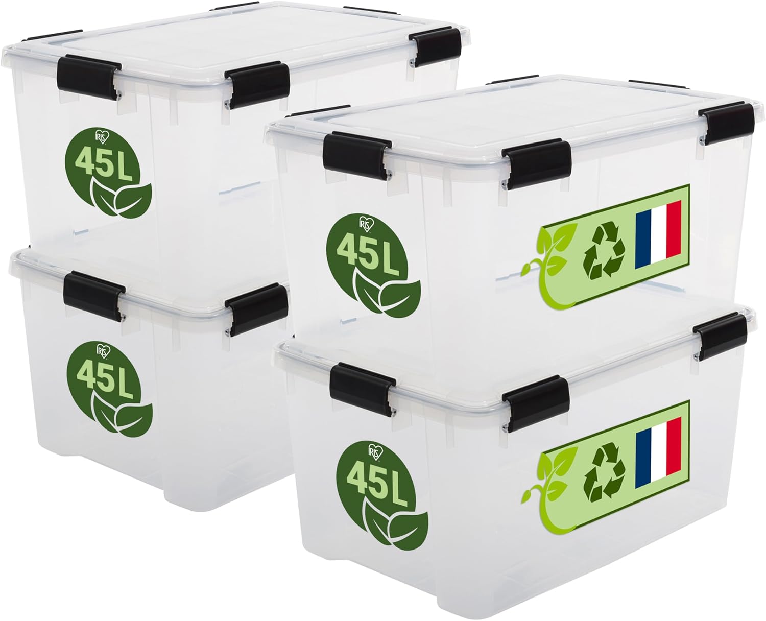 , Boite Rangement Hermétique Plastique, 45L, Lot de 4, Transparent, Couvercle, Joint Etanche, Clips de Fermeture, Empilable, pour Exterieur, Garage, Vetement, Anti Poussiere, WSB-45 Transparent 45L x4