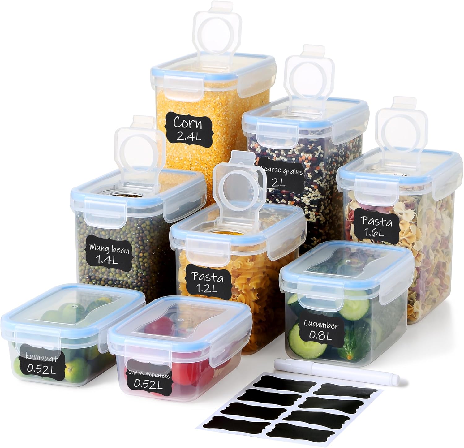 Lot de 8 Boîtes de Conservation Alimentaire, système double couvercles (verseur + hermétique), boîtes hermétiques sans BPA empilables, organisation cuisine pour pâtes, céréales, café, snacks 8PCS5M3