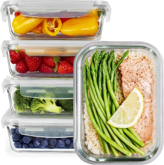 Boîtes-repas en verre [lot de 5] - récipients avec fermeture à clic - conteneurs de nourriture étanches - boîtes de repas pour contrôler les portions de nourriture
