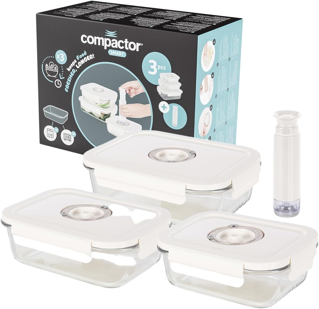 Lot de 3 boîtes sous vide alimentaire en verre avec couvercle hermétique - Pompe manuelle incluse - Dateur intégré - Compatibles micro-ondes et lave-vaisselle - Fraîcheur prolongée