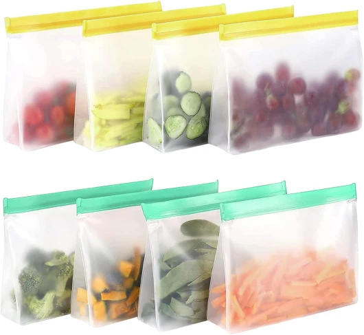 Lot de 8 sacs en silicone réutilisables avec fermeture éclair et support pour aliments, congélation, sandwich, sacs de rangement PEVA pour légumes, lait, collations, viandes