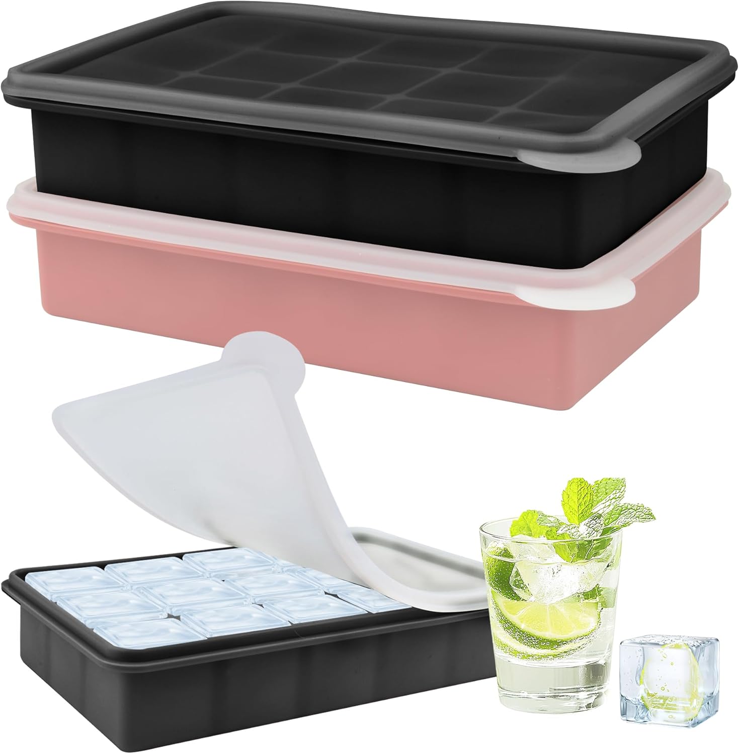 Lot de 2 bacs à glaçons en silicone avec couvercle - Design à 15 compartiments en noir et rose pour cocktails à gin, café glacé et blocs de congélation - Robuste et réutilisable Noir & Rödrosa - 15 Trous