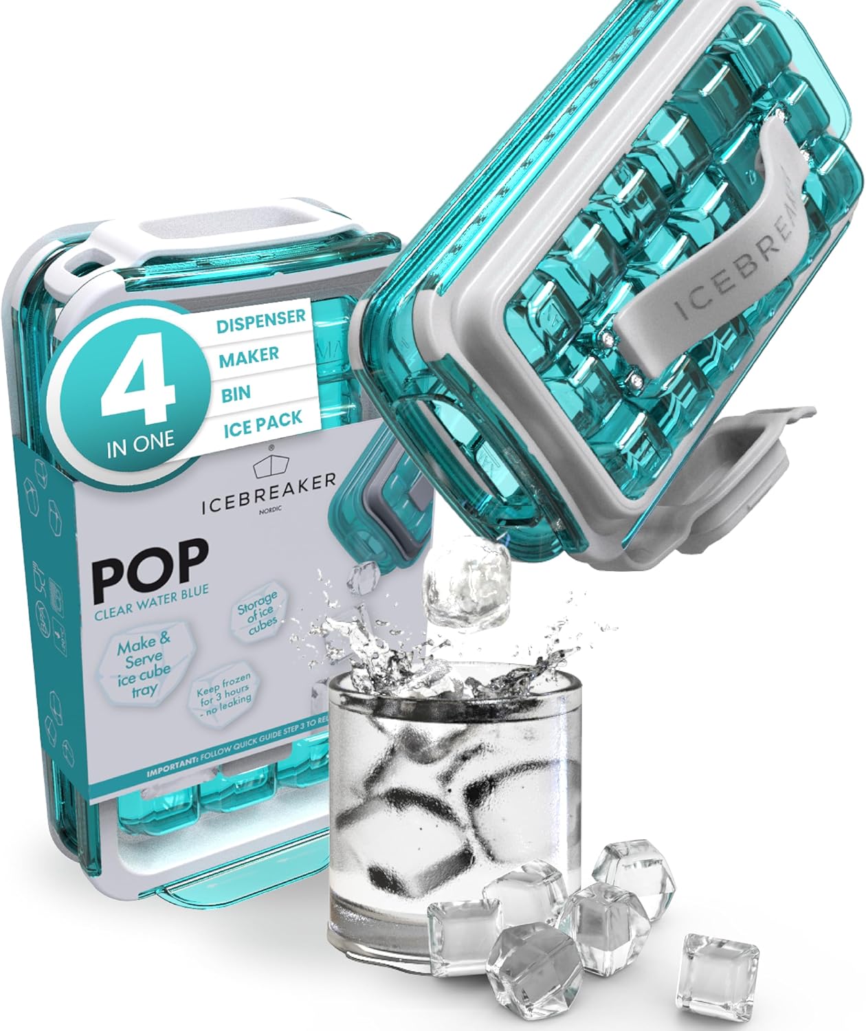 ICEBREAKER POP 2.0 Bac à glaçons – Faites et servez de la glace sans toucher la glace – Le bac à glace hygiénique pour le congélateur – Bac en silicone avec couvercle – Machine à glaçons avec 18 Pop 2.0 Bleu Eau Claire