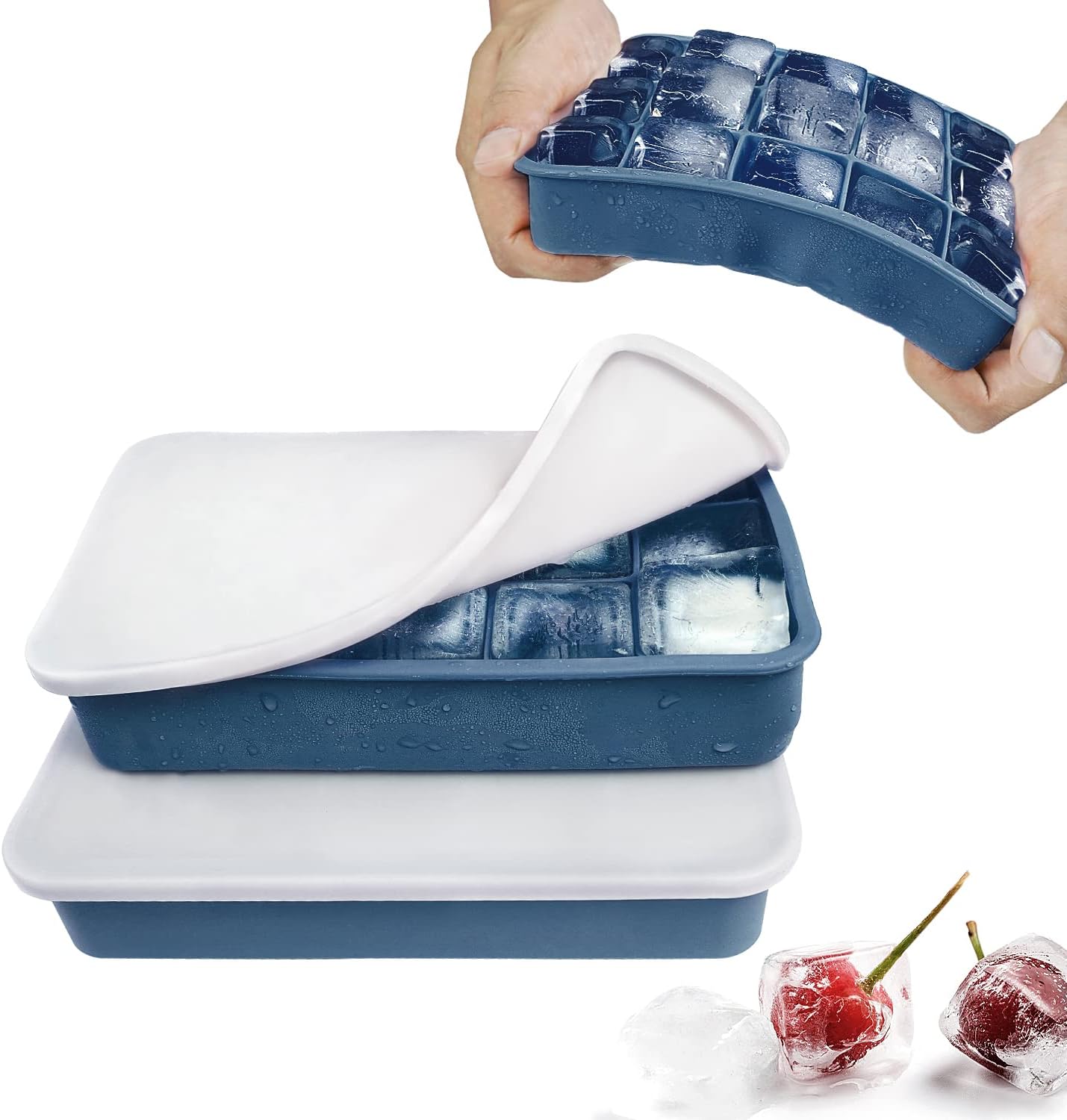 Lot de 2 Bac a Glacon en Silicone Empilable, Bac a Glacons avec Couvercle Bebe Certifié LFGB et sans BPA, Bacs à Glaçons Carrés Faciles à Retirer (Bleu) Bleu Marine