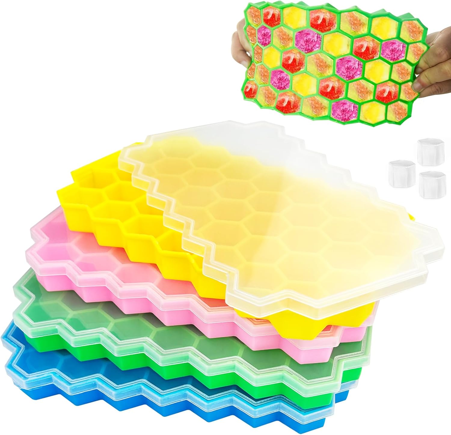 Gentpovth 4 Pièces 37 Compartiments Bac à Glaçons en Silicone, Moule à Glaçons avec Couvercle, encombrant et empilable, Sans BPA, Démouler Rapide, pour Cocktail,CongéLateur,Glaces,Boissons