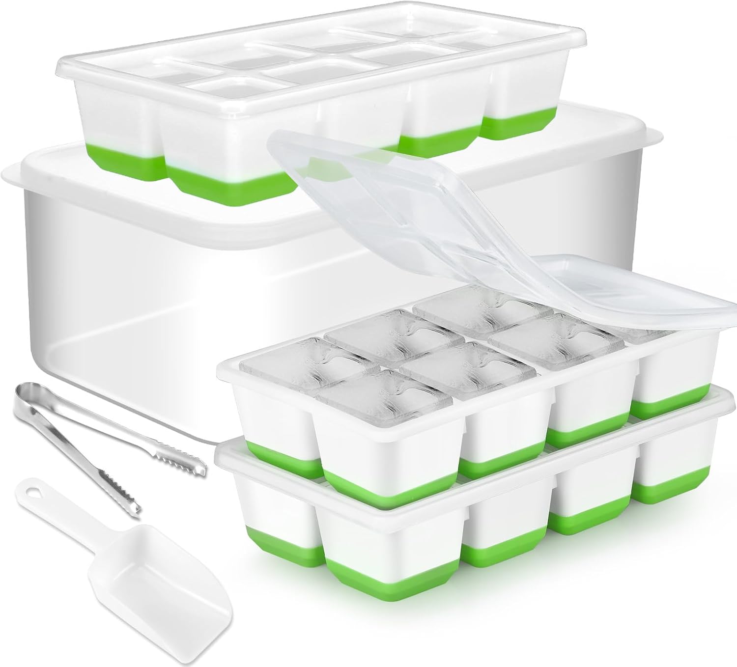 Lot de 3 Grands Bacs à Glaçons con Boîte, JRISBO Moule à Glaçons en Silicone de Qualité Alimentaire et sans BPA, 4,5cm Bac a Glacons avec Couvercle Gros Plaque para Whisky Cocktail (Vert)