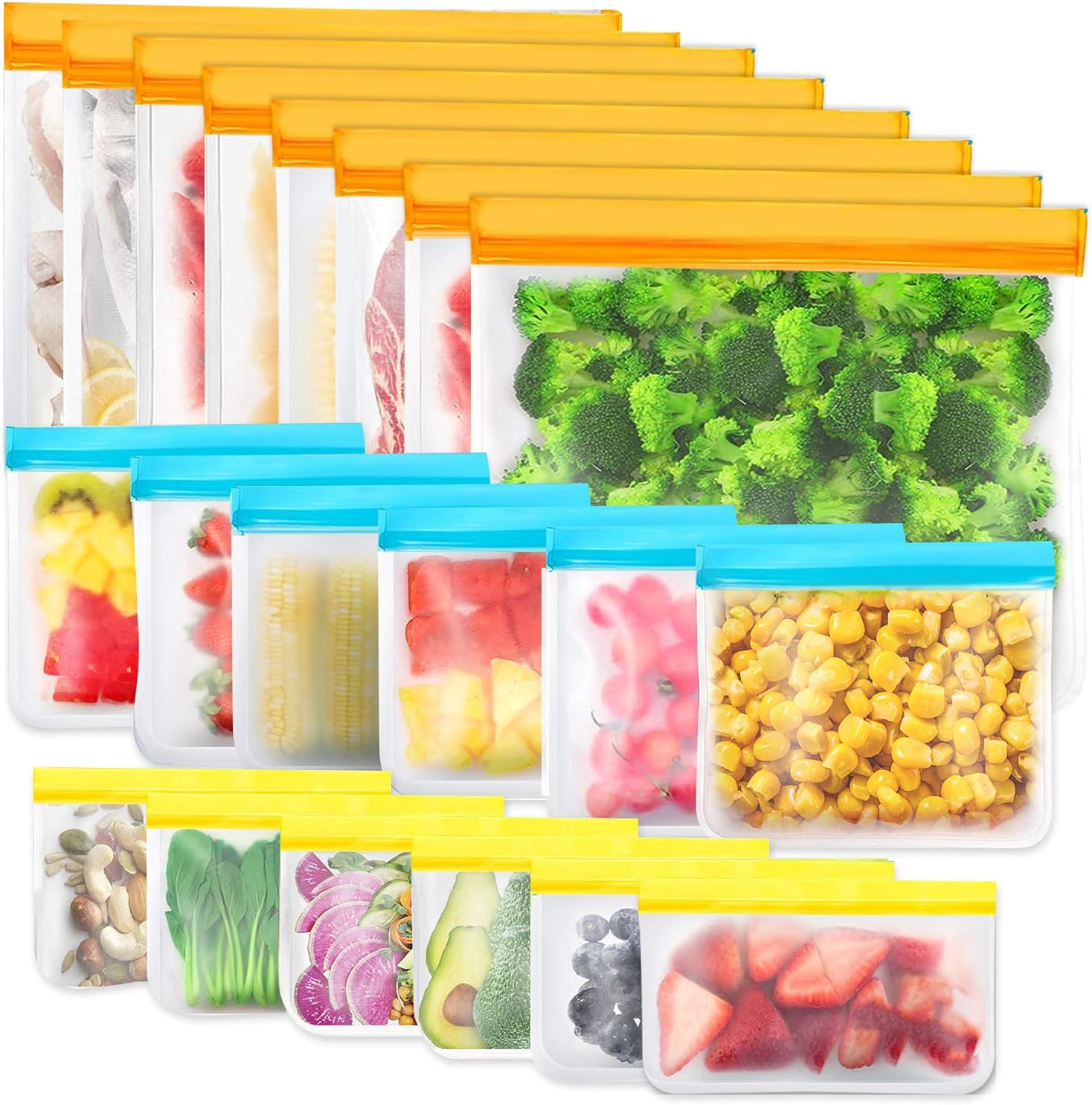 IDEATECH 20 Pièces Sacs de Rangement Réutilisables, Sacs de Congélation sans BPA, Sacs à Sandwich, Alimentaires en Silicone Sacs à Lunch Étanches pour le Voyage Paquet de 20(8grands Sacs+6 Sandwich+6 Collation)