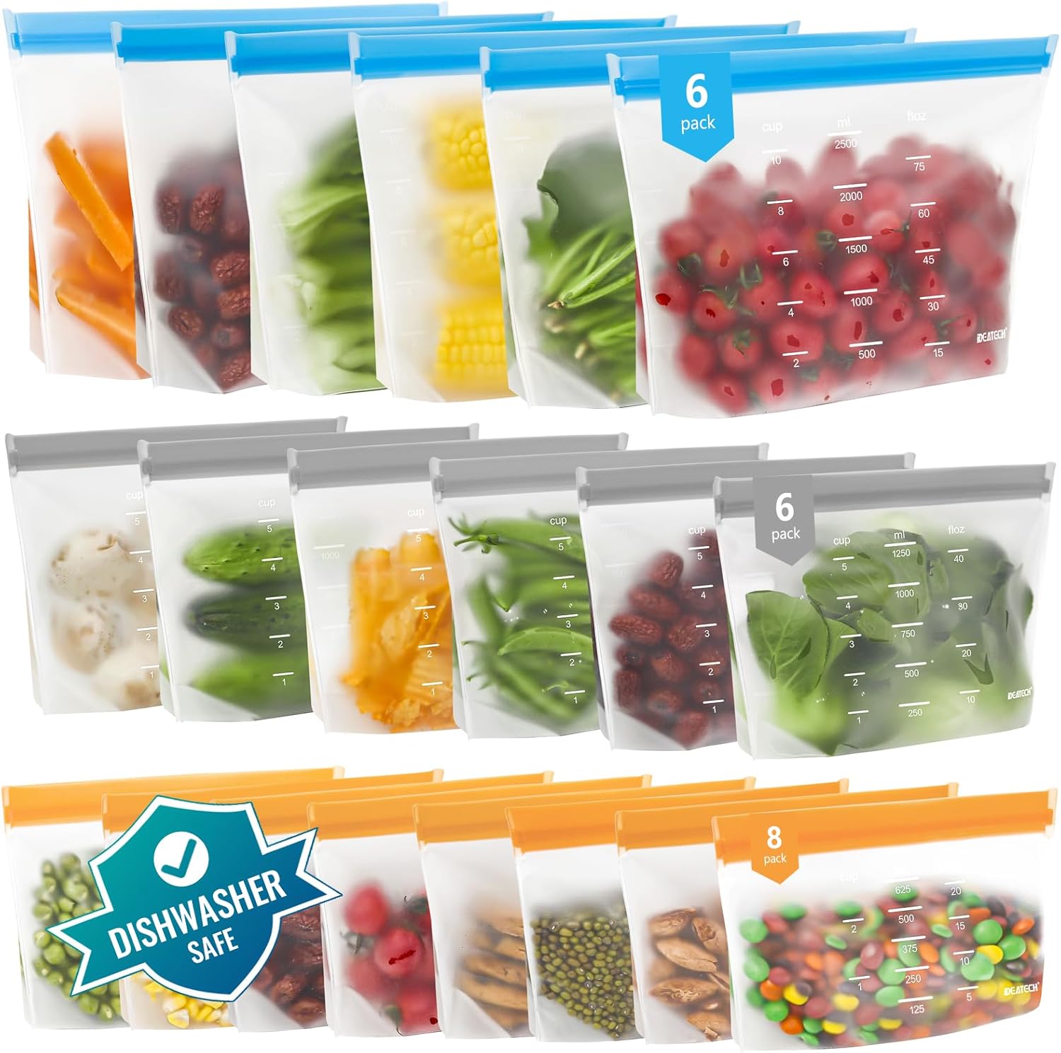 IDEATECH Lot de 20 Sacs Congélation Réutilisables Stand Up, Zip pour Aliments, Sandwich et Rangement, en Silicone Sans BPA Lot de 20 (6xl+6m+8s)