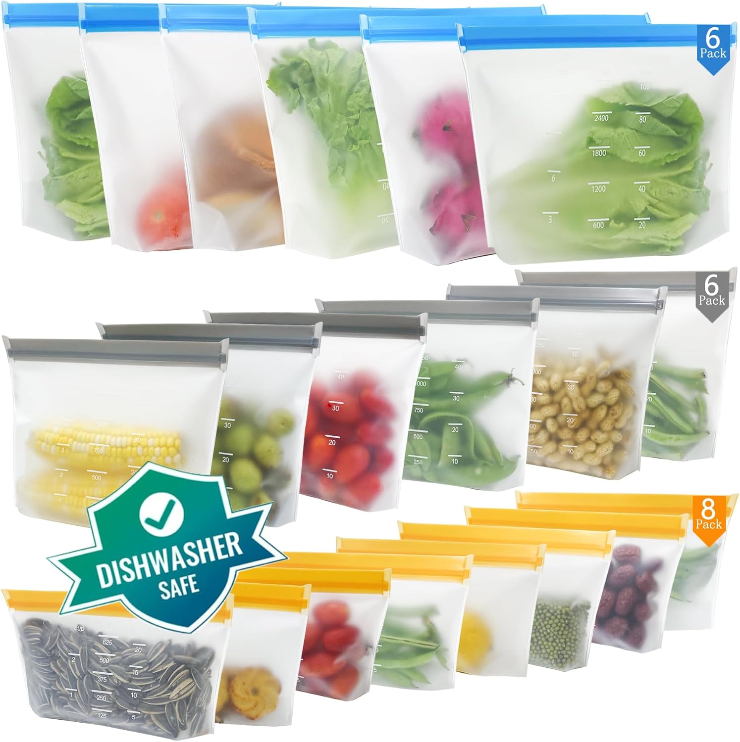 Lot de 20 sac congelation reutilisable et Stand Up,Sac congelation en silicone sans BPA, Sacs de rangement en silicone réutilisables Étanches pour Ranger Légumes, Fruits,Sandwich, LéGumes, Viandes 20pack (6 Gallon + 6 Sandwich + 8 Snack)