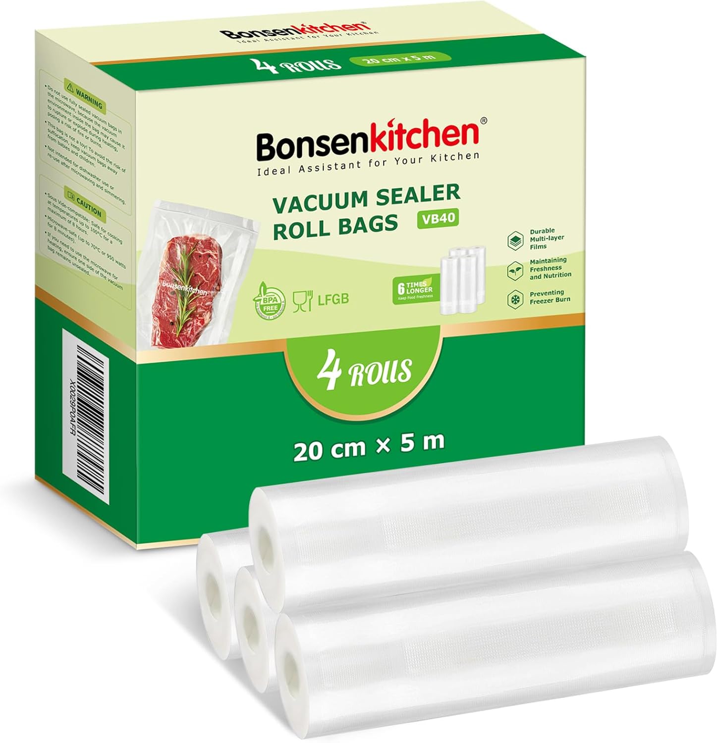 Sacs sous Vide Alimentaire 4 rouleaux 20 x 500 cm, pour la Conservation des Aliments Sous Vide Et la Cuisson Sous Vide, Sans BPA, VB40