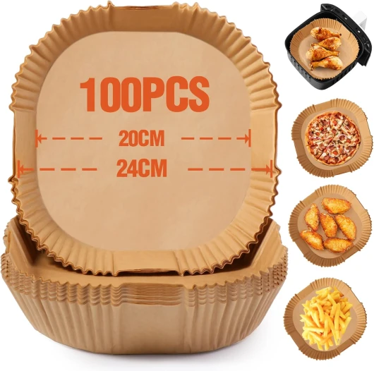 Papier Cuisson Air Fryer 20cm, 100 Pièces Papier Sulfurisé pour Air Fryer, Jetable Antiadhésive Paper Liners Accessoires Air Fryer, pour Friteuse Sans Huile de 5-8L (Carré) 20x20cm
