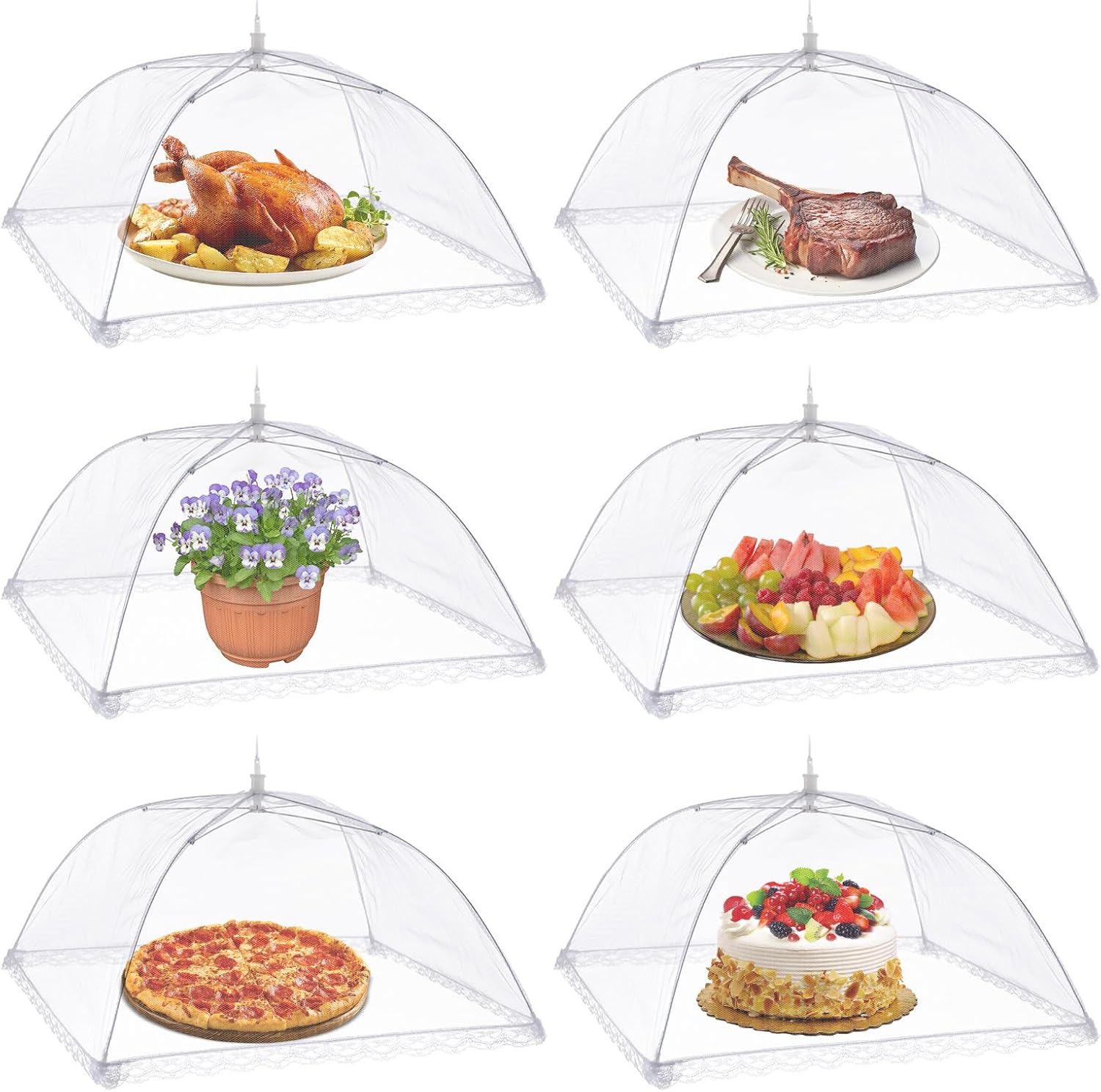 Vintoney 6pcs Cloche Alimentaire Pliable Anti-mouche Couvercle de Nourriture en Maille Pliant Tente Parapluie Anti-insectes Anti-moustiques Protection pour Barbecue Pique-nique Aliments Blanc 17 pouces