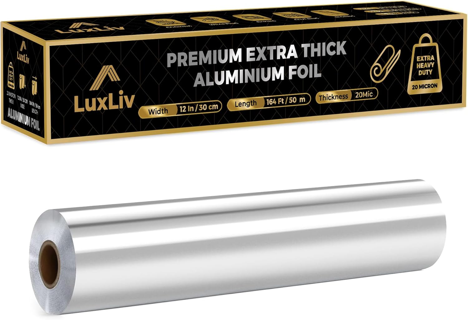 LuxLiv® - Feuille d'aluminium résistante - 30cm x 50m - De qualité commerciale, extra-épaisse et durable, idéale pour la restauration - Comprend un coupe-feuilles intégré pour faciliter le découpage - 50 m (Pack of 1)