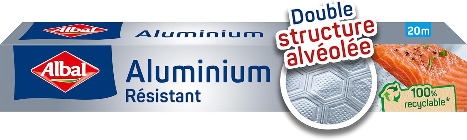Papier Aluminium pour four et barbecue (20m), Film Alu résistant aux déchirures et aux variations de températures, Rouleau aluminium à double structure alvéolée 20 m Unité
