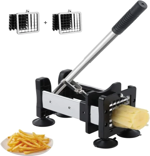 Coupe-frites avec 2 lames de rechange tranchantes en acier inoxydable de haute qualité et pieds antidérapants - 2 lames de tailles différentes - Coupe-légumes - Idéal pour les pommes de terre