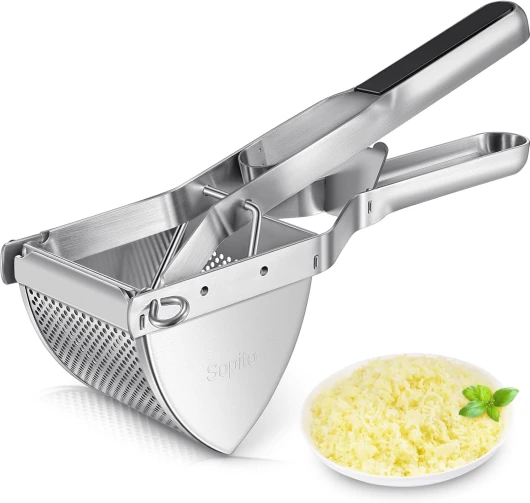 Presse Puree, Sopito Presse Puree Manuel Professionnel Amovible en Acier Inoxydable Potato Ricer,avec Manche en Silicone, Noir