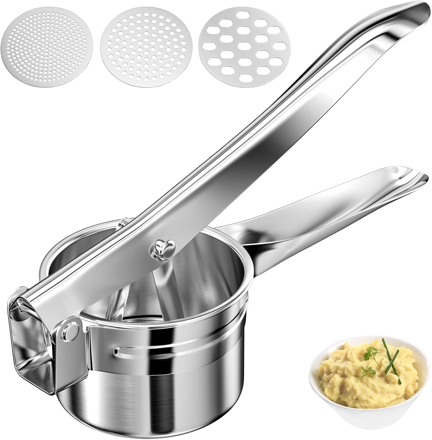 Brevanza Presse Puree Manuel, Ecrase Pomme de Terre, Professionnel Presse Purée Manuelle, Presse-Purée en Acier Inoxydable avec 3 Disques Interchangeables, pour Légumes, Fruits et Autres Aliments