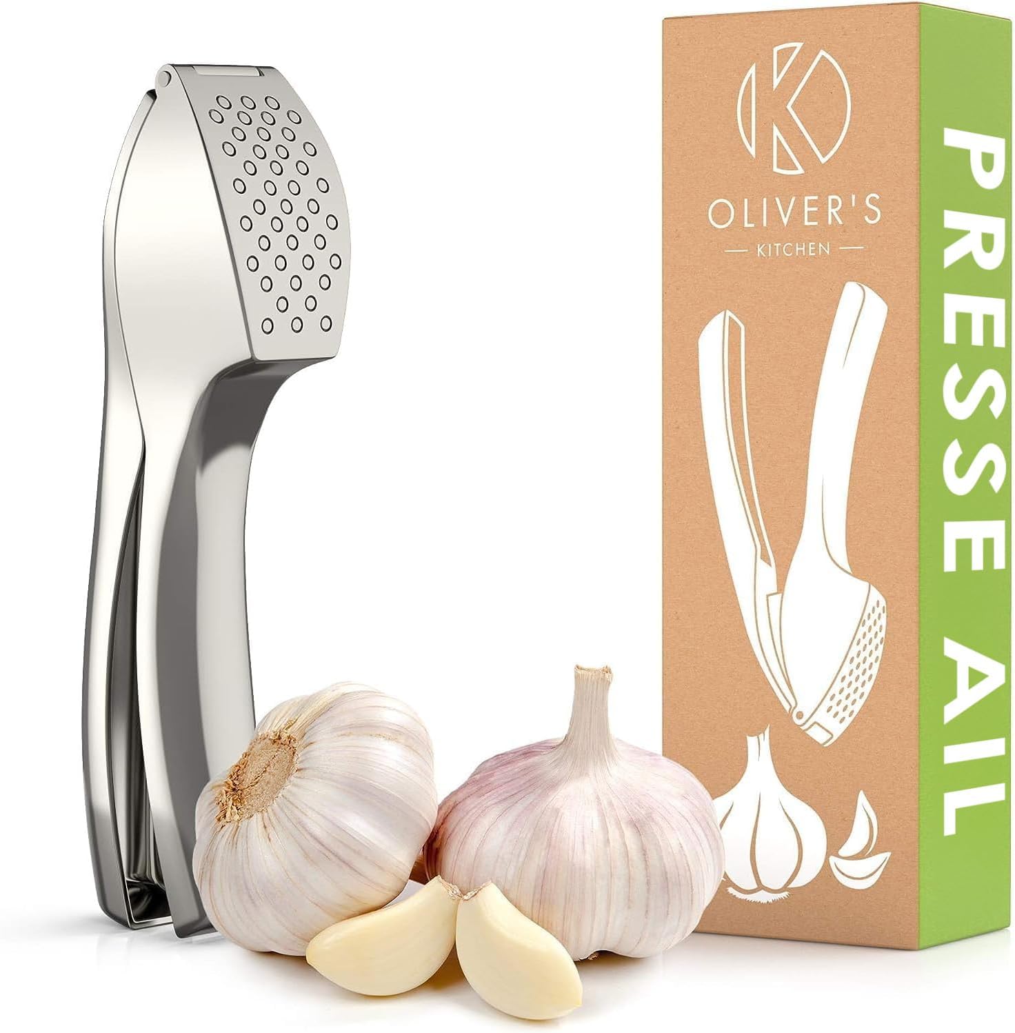 Oliver's Kitchen ® Presse Ail Premium - Hachoir et Broyeur Super Facile à Utiliser et à Nettoyer - Écrase l'Ail et le Gingembre sans Effort (pas besoin d'éplucher) - Solide et Durable à Vie Silver