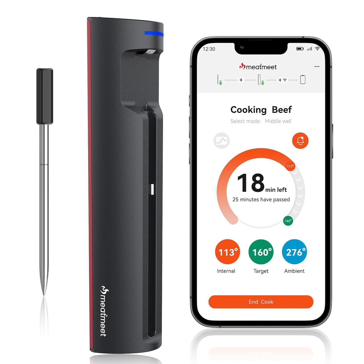 Pro Thermomètre à viande avec Wi-Fi et Bluetooth, surveillance par application avec minuterie et alarme, IP67 étanche et résistant à l'huile, thermomètre à viande sans fil pour Four, Barbecue MMP1