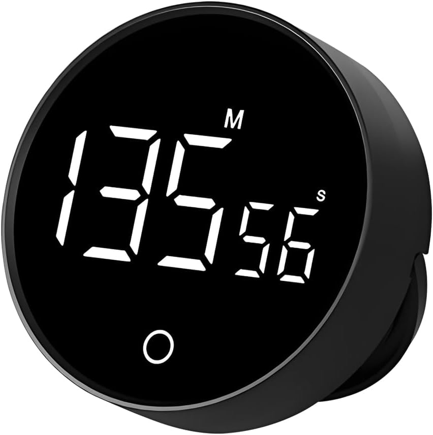 Qumox Minuteur Numérique F7 avec Bouton Rotatif, Volume Réglable, Base Magnétique, Batterie Rechargeable – Chronomètre et Compte à Rebours pour Cuisine, Bureau, Étude – Noir