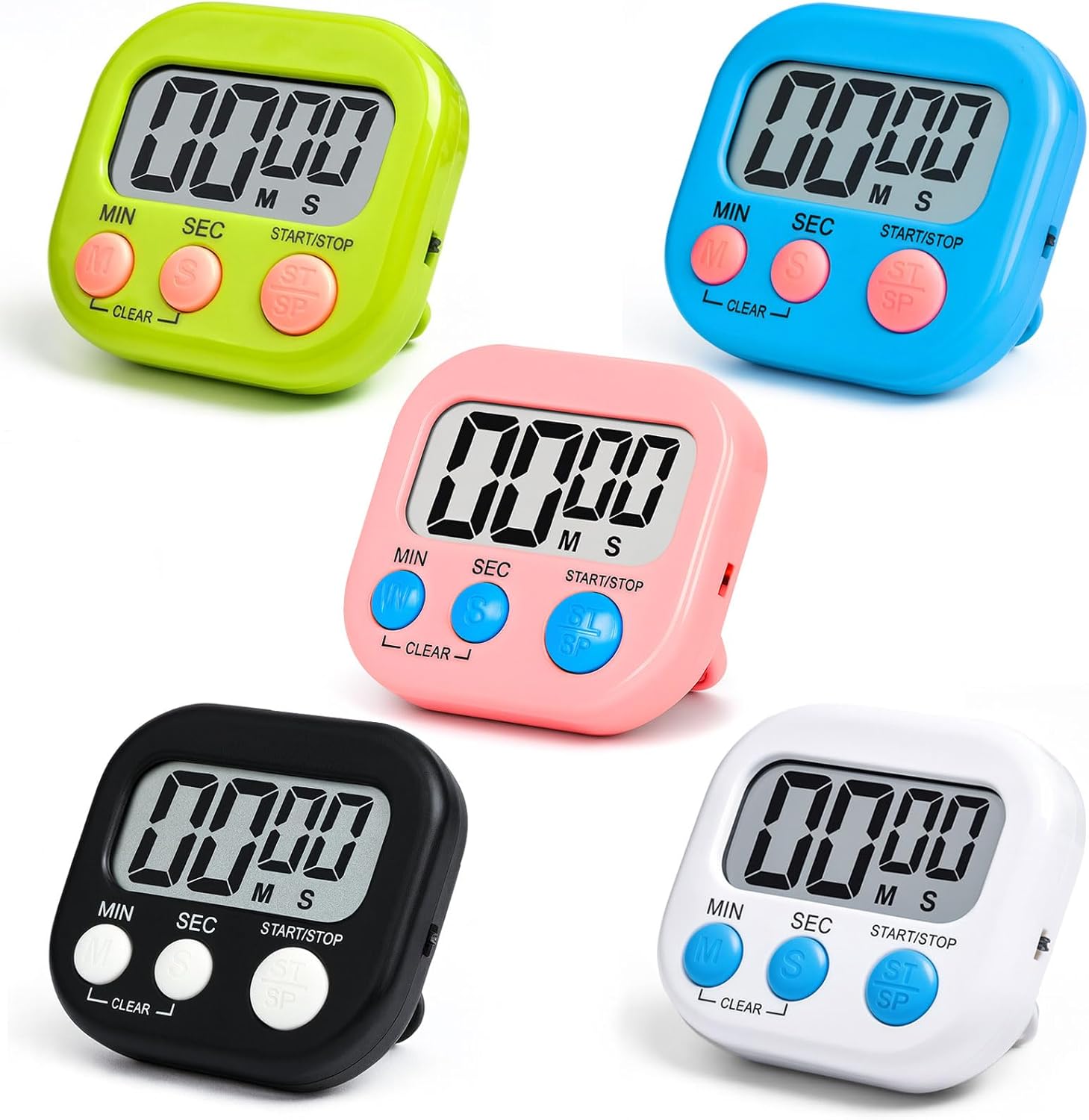 Druuzyl Chronometre Minuteur 5 Pièces Minuteur de Cuisine, Magnétique Timer Enfant avec Grand Écran LCD, Chronomètre et Alarme Digital Compte à Rebours pour Pâtisserie Cuisson Four